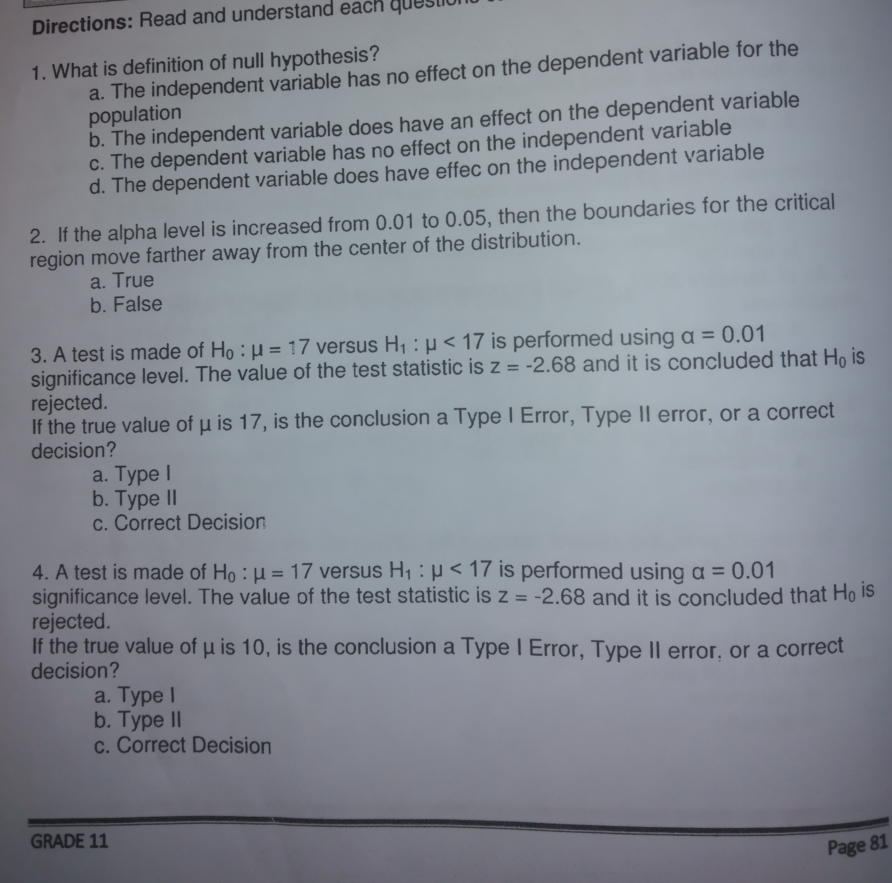 of Ho : H = 50 versus H1 : M =/= 50