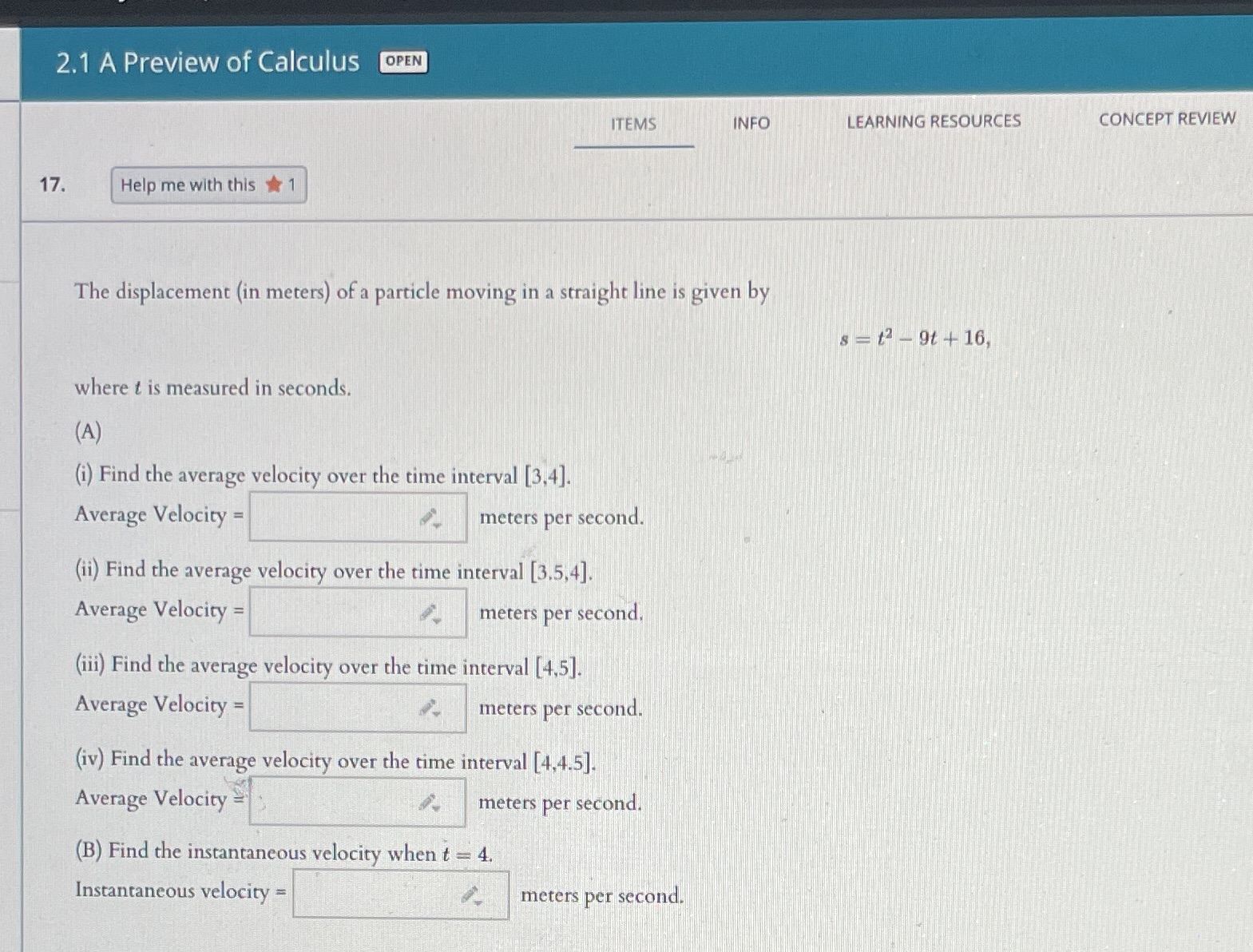 answer each question 2.1 A Preview of Calculus OPEN ITEMS INFO LEARNING