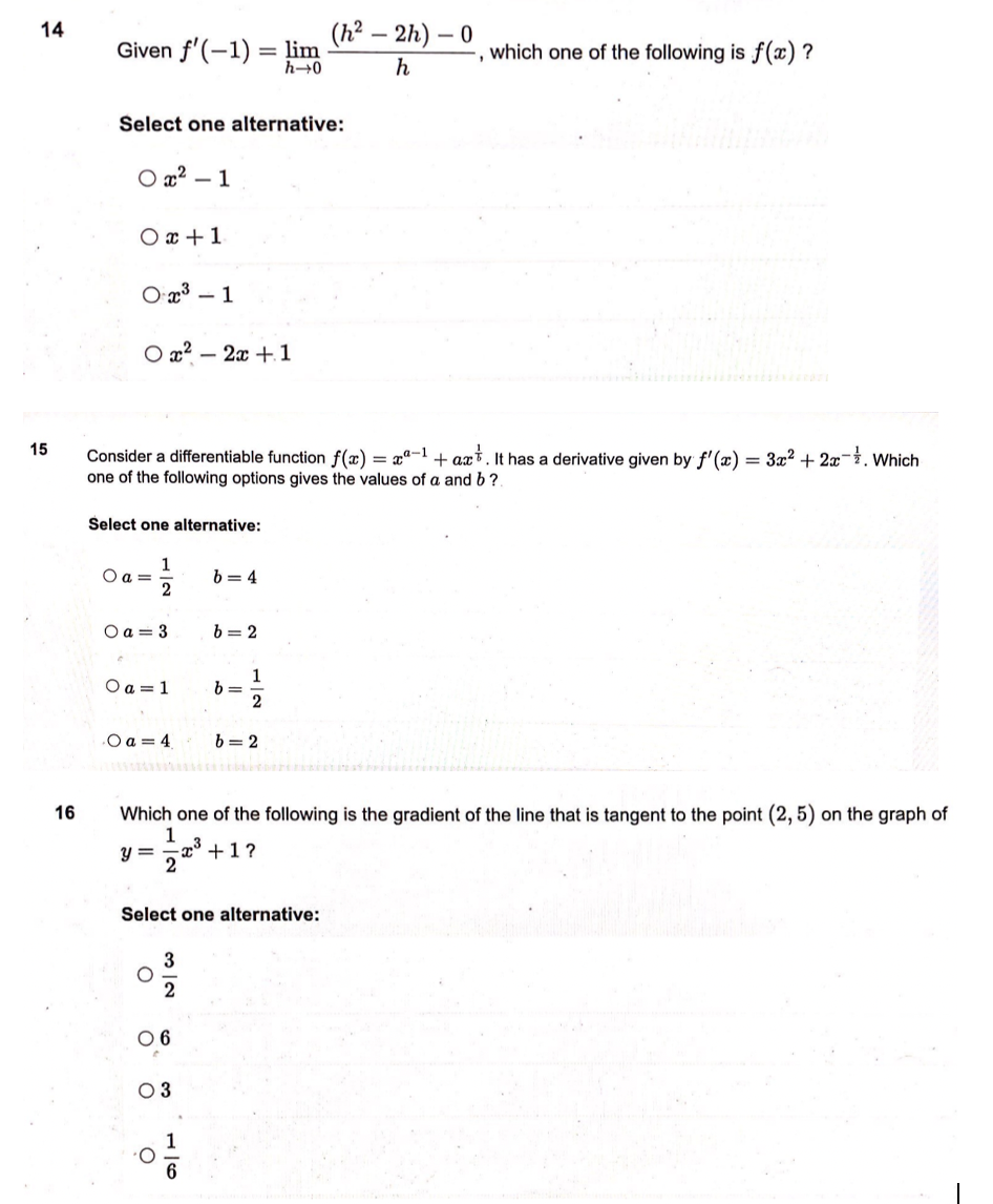  14 Given f'(-1) = lim (h2 - 2h) - 0 h-+0