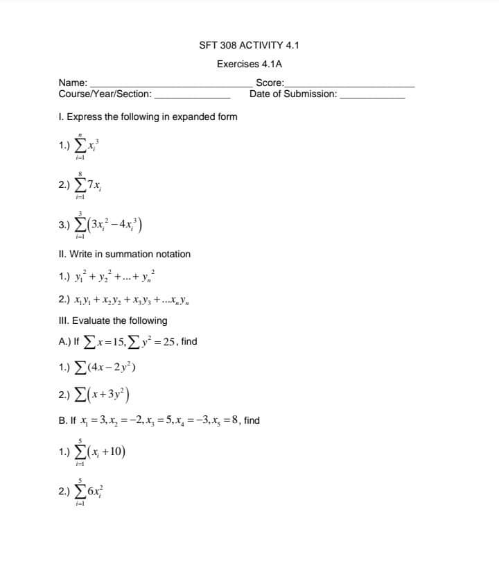  SFT 308 ACTIVITY 4.1 Exercises 4.1A Name: Score: Course/Year/Section: Date of
