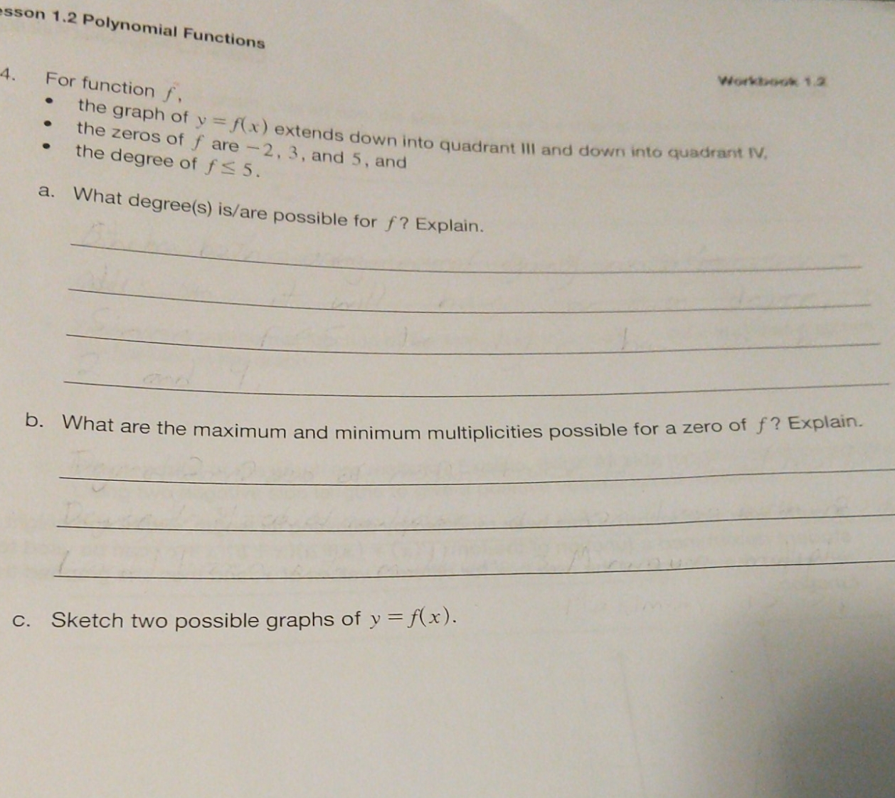 math 30-1 workbook 1.2 Workbook 1.2 sson 1.2 Polynomial Functions 4. For