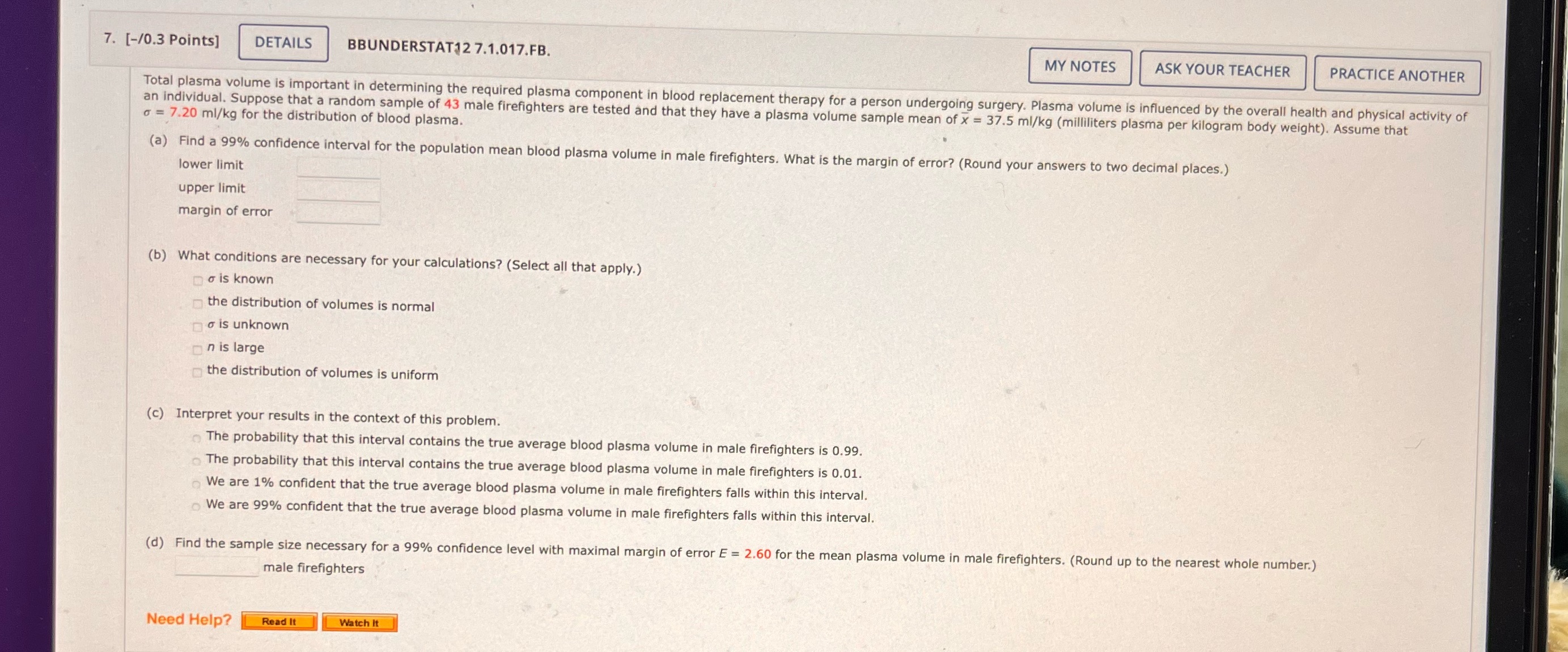  7. [-/0.3 Points] DETAILS BBUNDERSTAT12 7.1.017.FB. MY NOTES ASK YOUR TEACHER