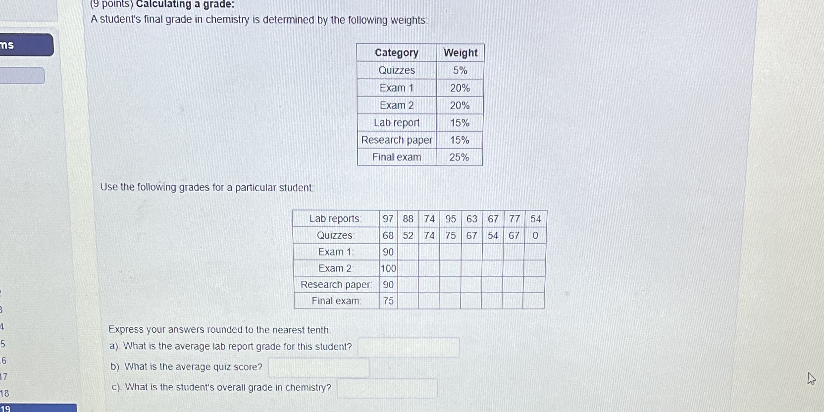  (9 points) calculating a grade: A student's final grade in chemistry