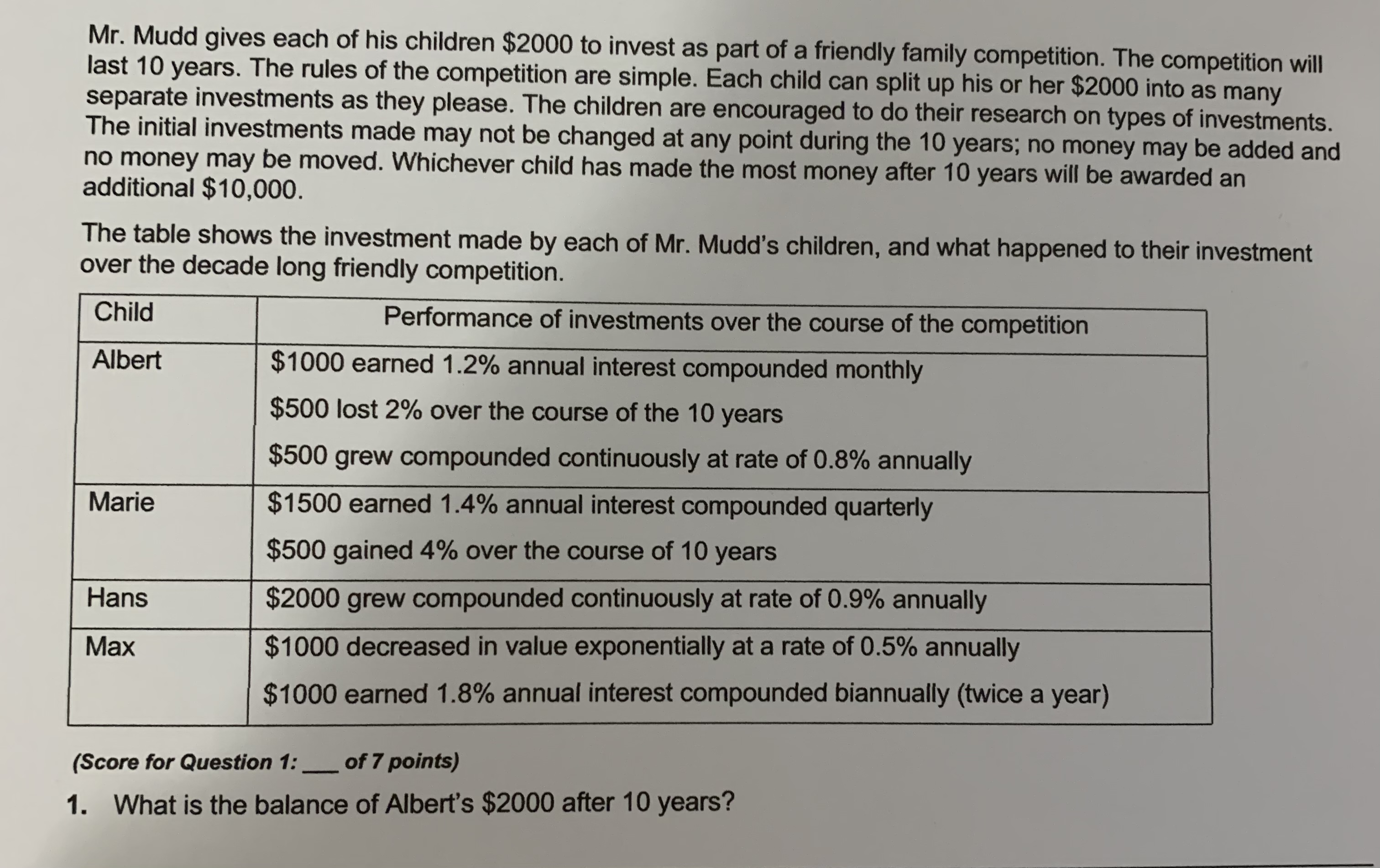 is the balance of Marie's $2000 after 10 years? Answer: (Score for