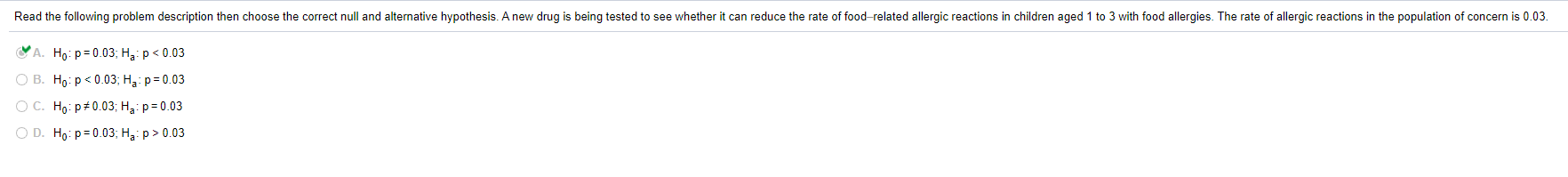 Read the following problem description then choose the correct null and altemative