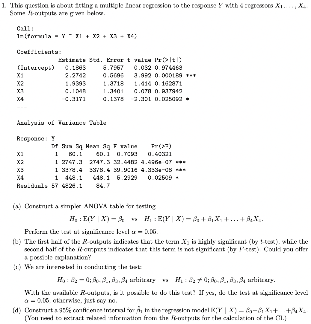  1. This question is about fitting a multiple linear regression to