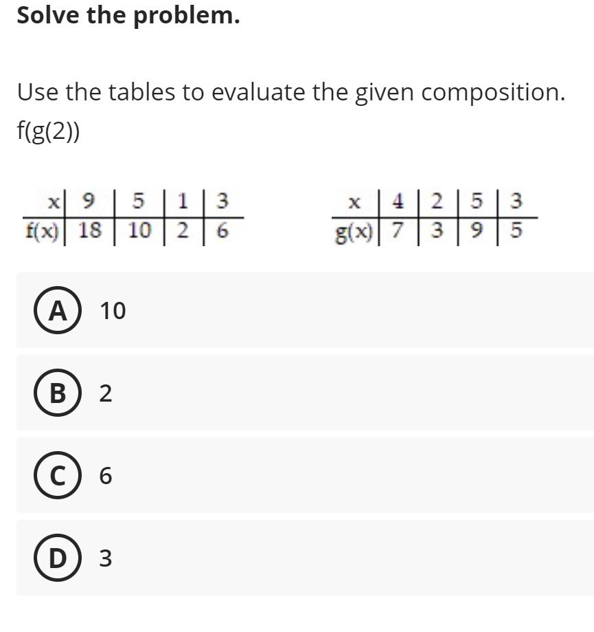  Solve the problem. Use the tables to evaluate the given composition.