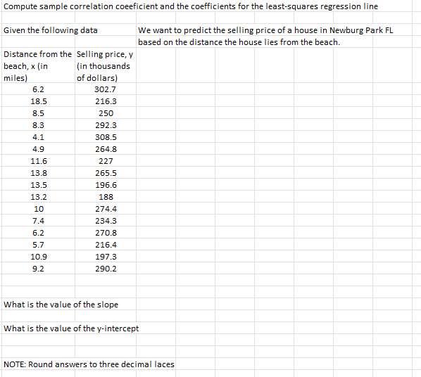Compute sample correlation coeeficient and the coefficients. for the least-squares regression