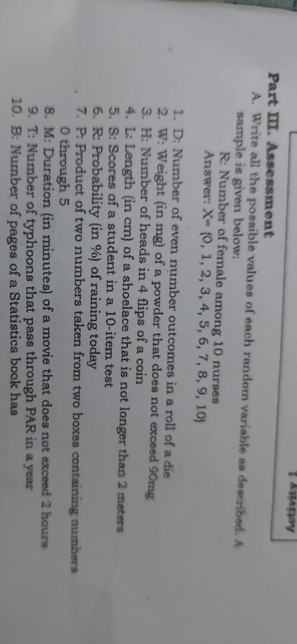  I AMpry Part III. Assessment A. Write all the possible values