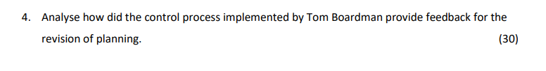 4. Analyse how did the control process implemented by Tom Boardman provide