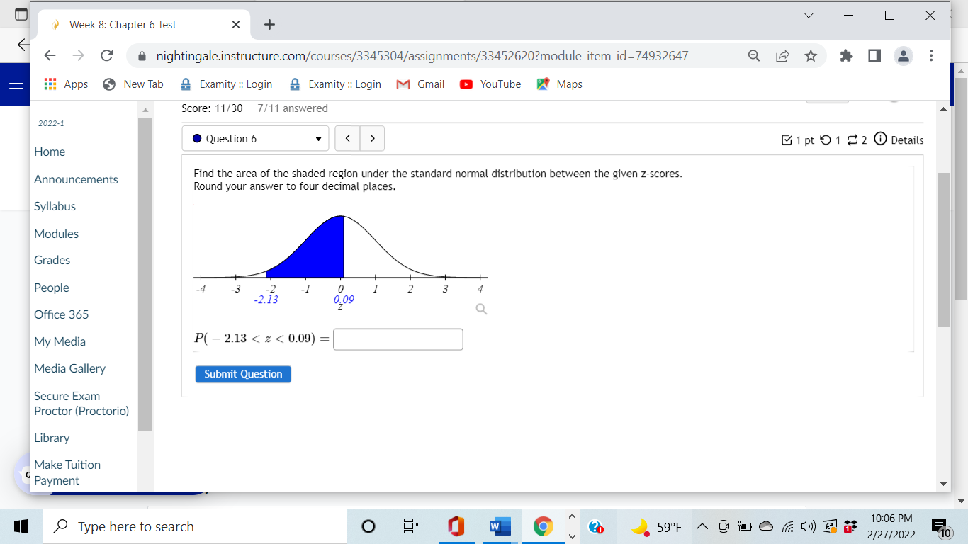  0 X Week 8: Chapter 6 Test X + C nightingale.instructure.com/courses/3345304/assignments/33452620?module_item_id=74932647