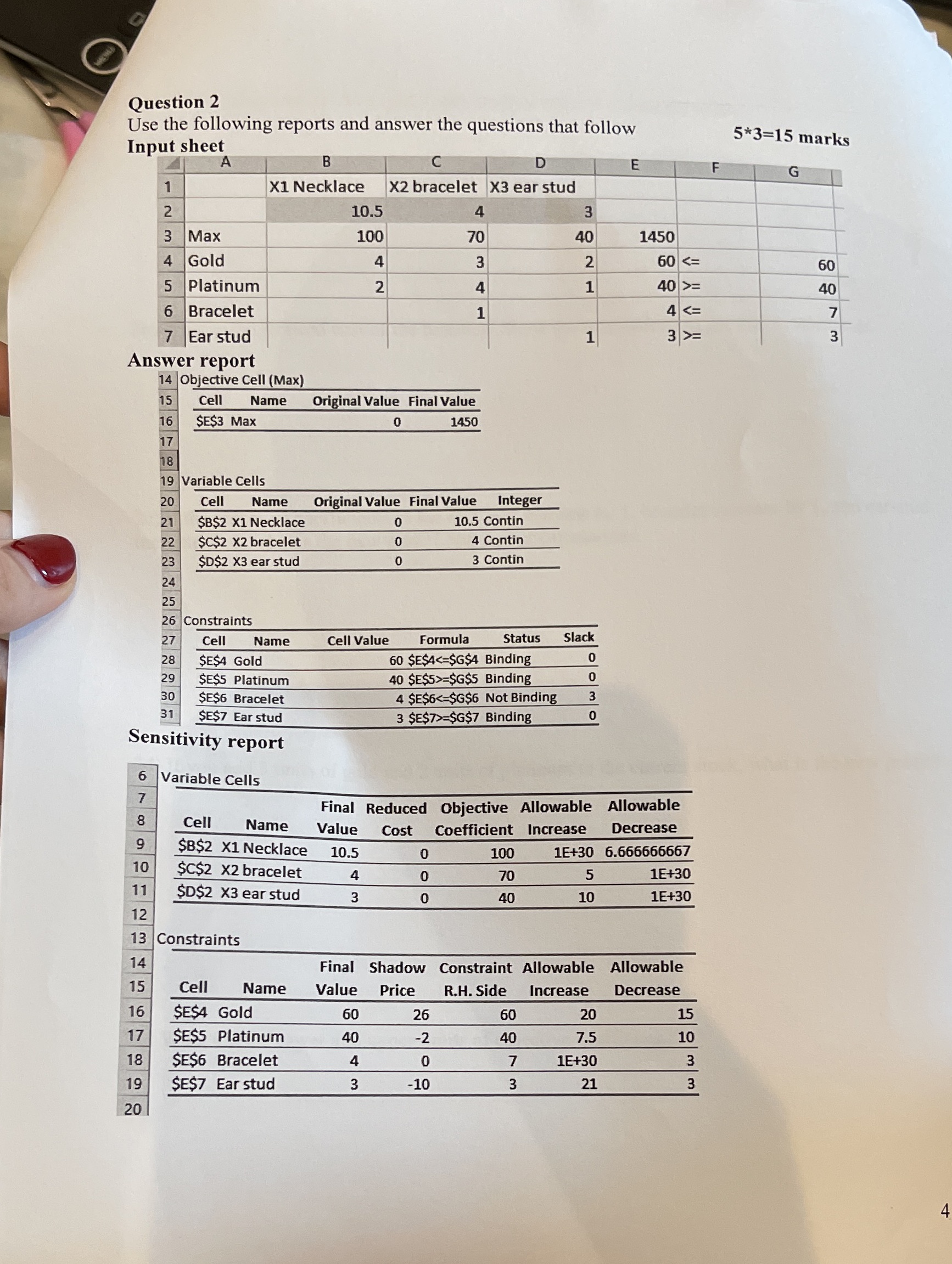 A) Define shadow price and explain each shadow price in a sentence