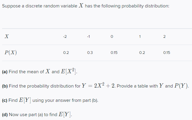 1. Suppose a discrete random variable X has the following probability distribution: