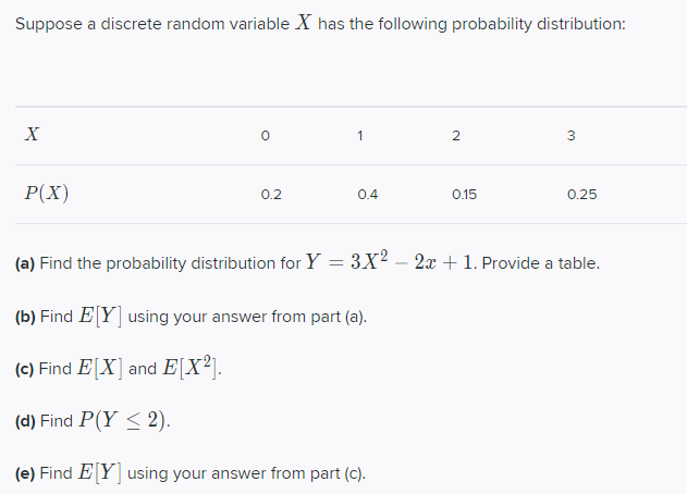 X -2 -1 O 2 P(X) 0.2 0.3 0.15 0.2 0.15 (a)