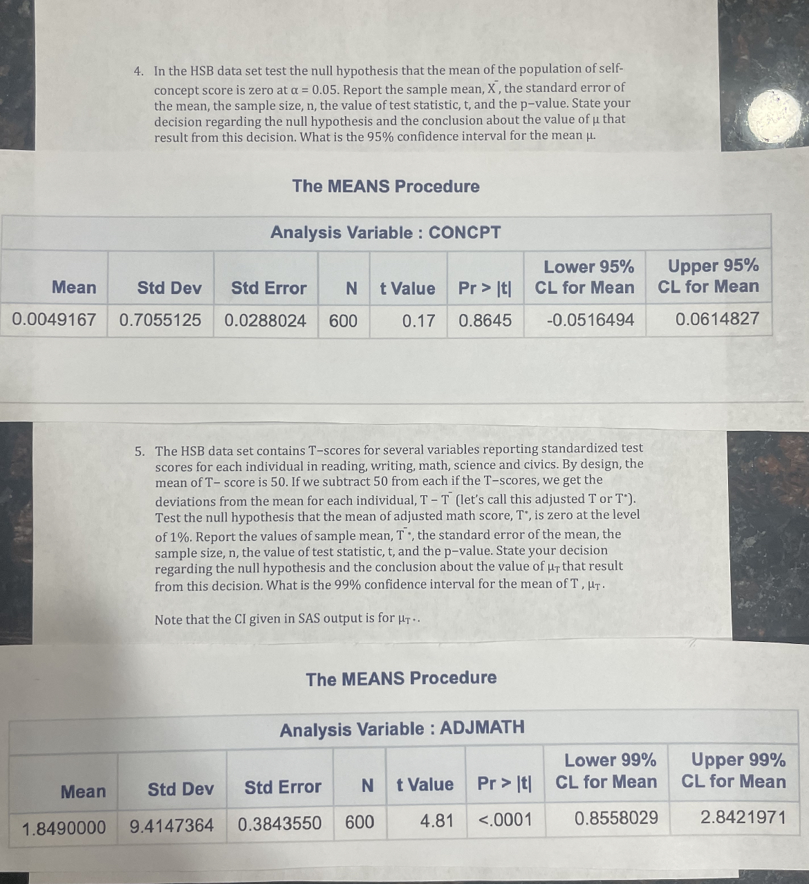 4. In the HSB data set test the null hypothesis that