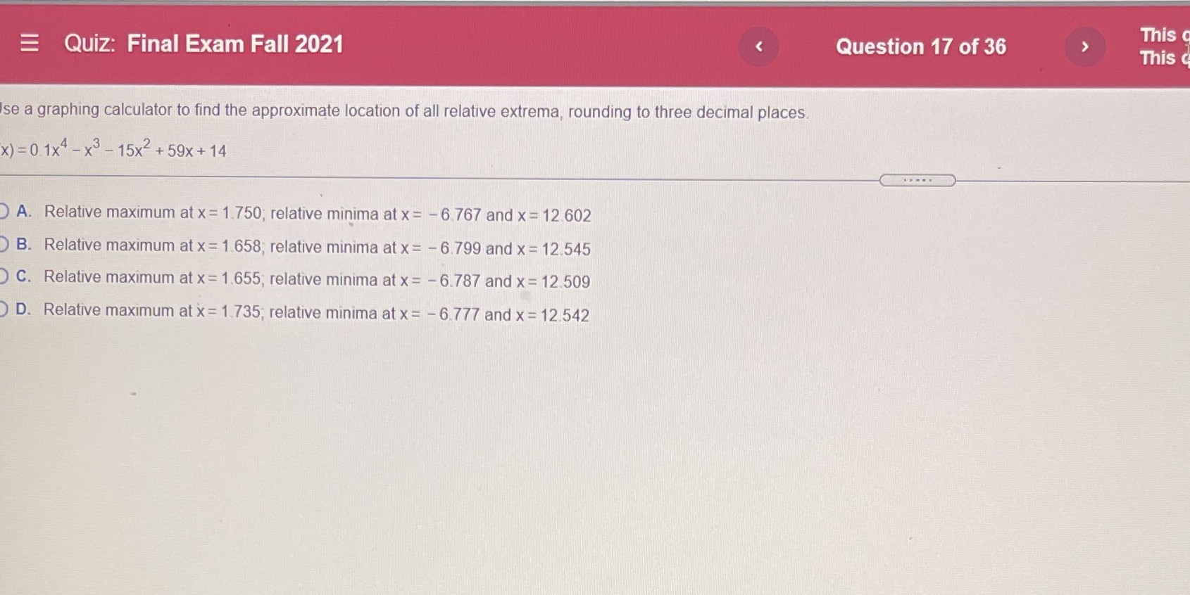 Quiz: Final Exam Fall 2021 e Question 17 of 36 This This