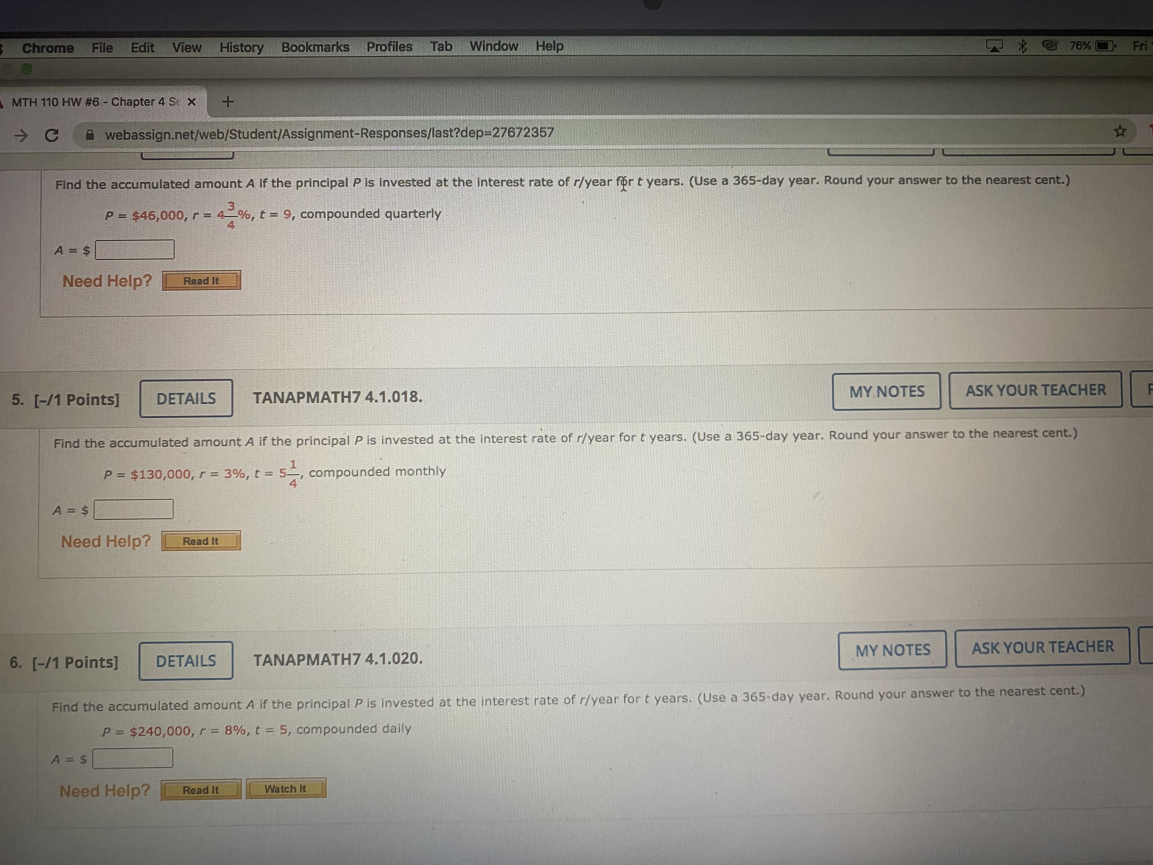 Help 7% Fri MTH 110 HW #6 - Chapter 4 St x