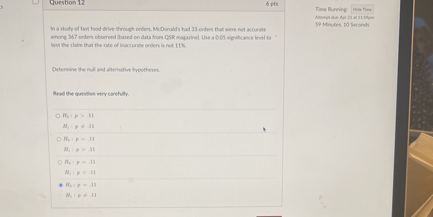  Question 12 6 pts Time Running: Hide Time Attempt due: Apr