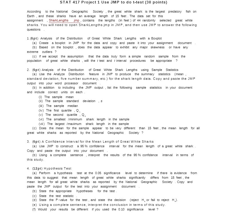  STAT 417 Project 1 Use JMP to do t-test (30 points)