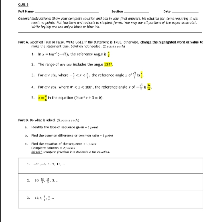QUIZ 8 Full Name Section Date General Instructions: Show your complete