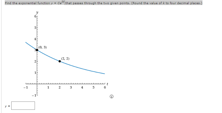 Find the exponential functiony=Cektthat passes through the two given points. (Round the