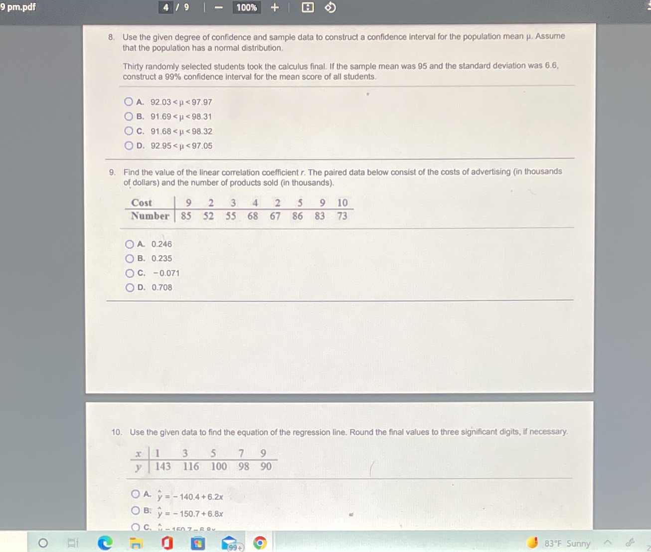 D)^ y=140.4-6.2xPlease show work 9 pm.pdf 4 /9 | - 100% +