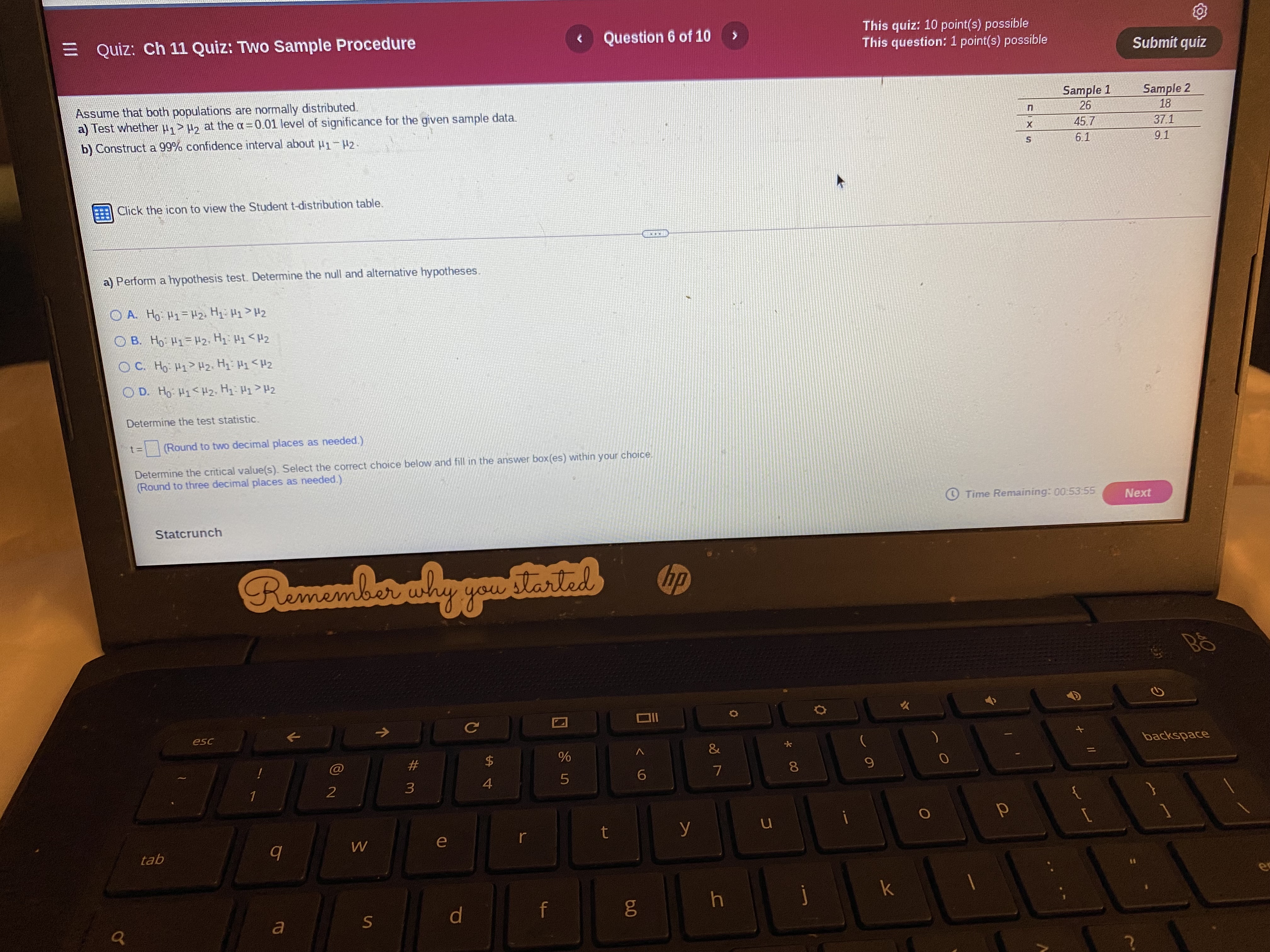  E Quiz: Ch 11 Quiz: Two Sample Procedure uz at the