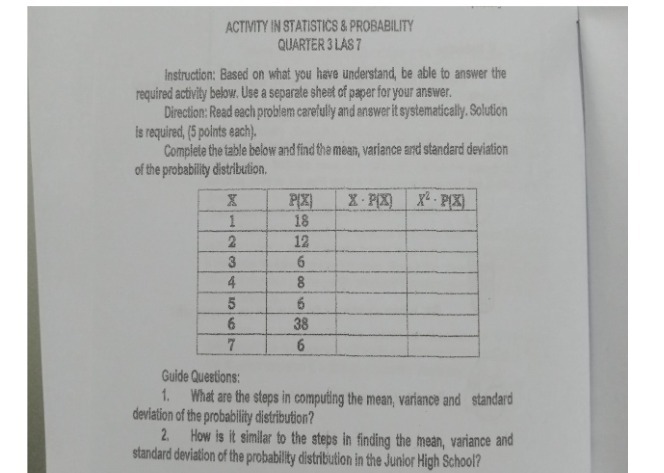 ACTIVITY IN STATISTICS & PROBABILITY QUARTER 3 LAS 7 Instruction: Based
