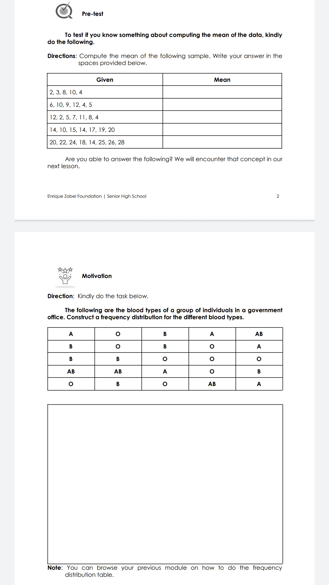  Pre-test To test if you know something about computing the mean