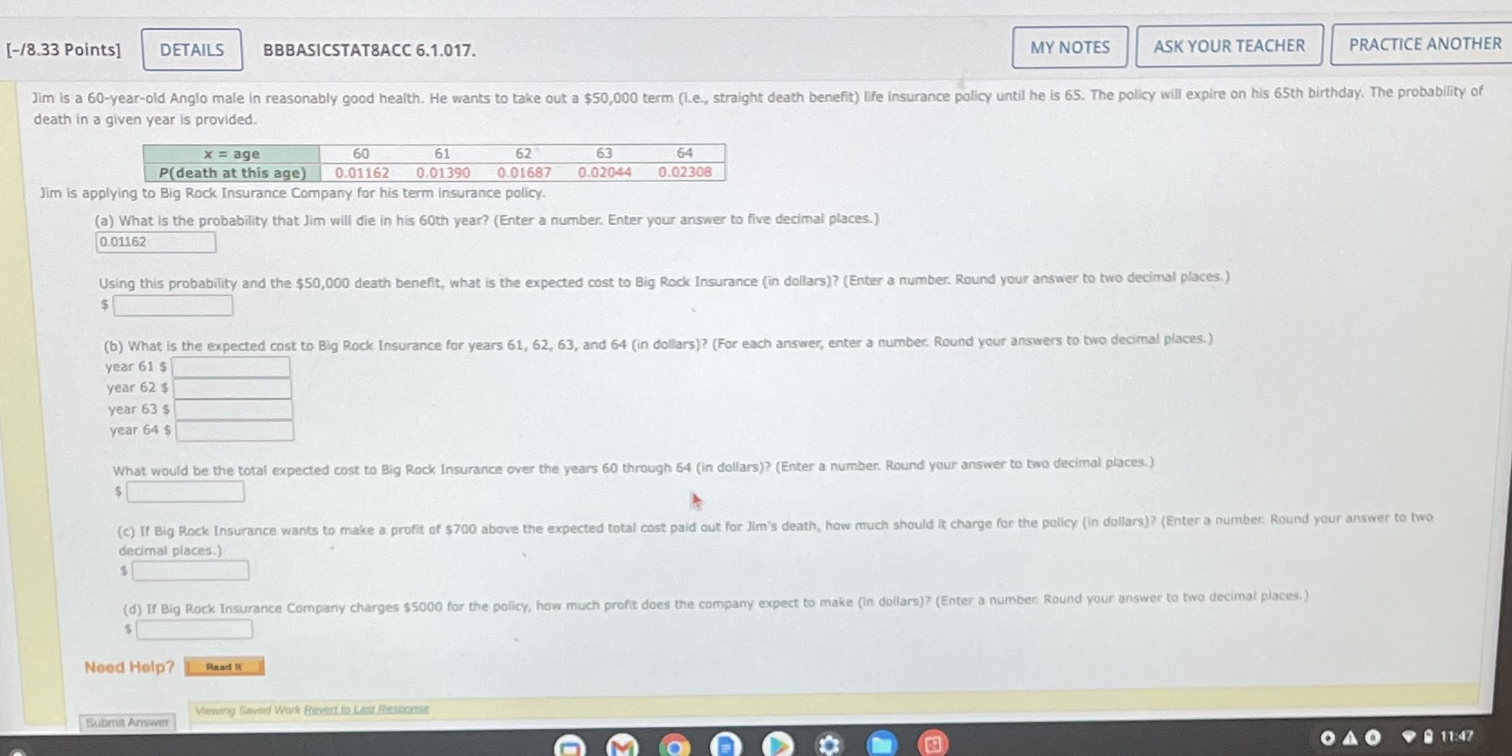 Please help with this question. [-/8.33 Points] DETAILS BBBASICSTAT8ACC 6.1.017. MY NOTES