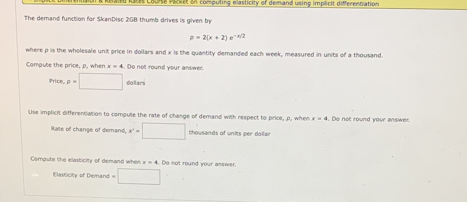 Rates Course Packet on computing elasticity of demand using implicit differentiation