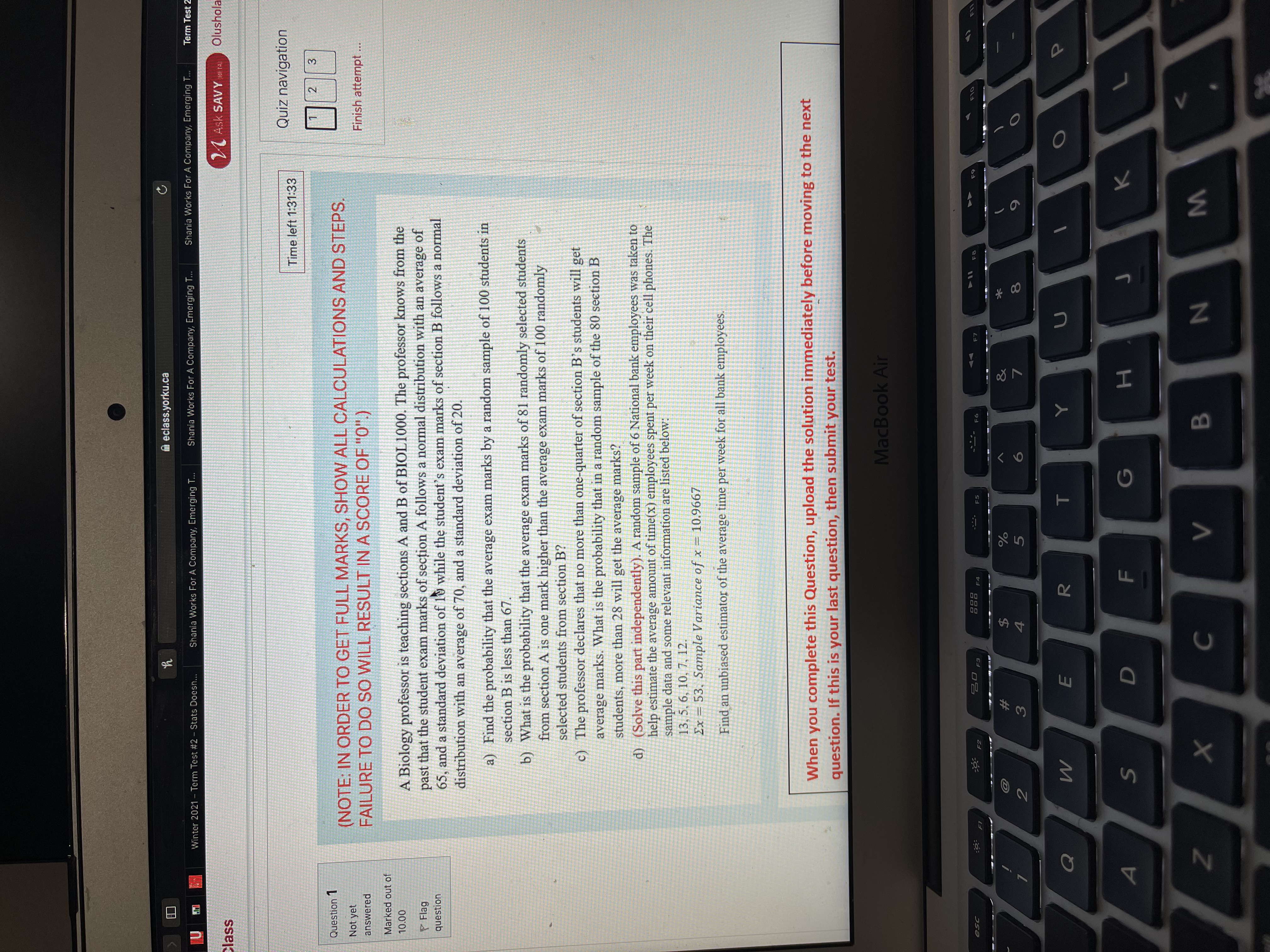 question h eclass.yorku.ca Winter 2021 - Term Test #2 - Stats Doesn..