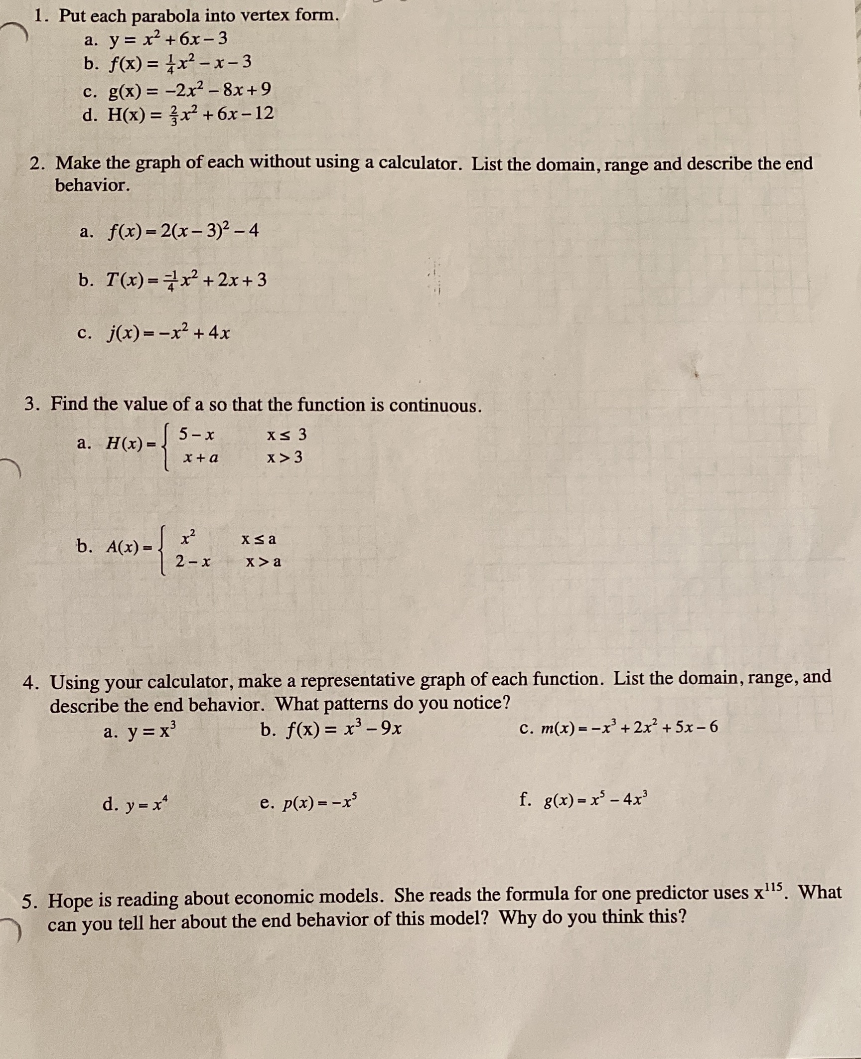 i need help with questions 1-5 please help! 1. Put each parabola