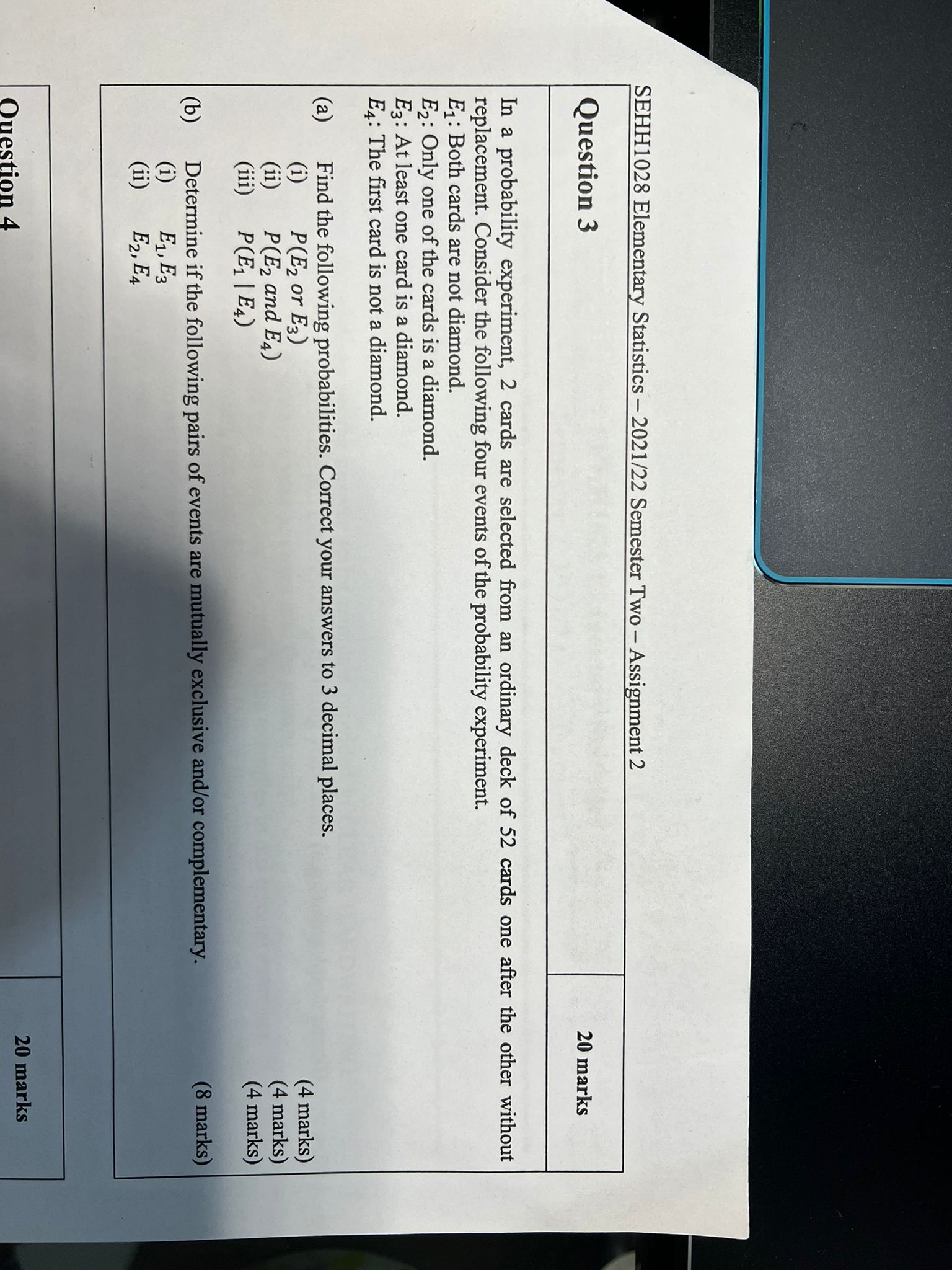  SEHH1028 Elementary Statistics - 2021/22 Semester Two - Assignment 2 Question