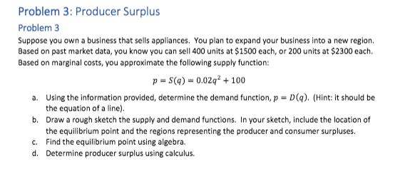  Problem 3: Producer Surplus Problem 3 Suppose you own a business