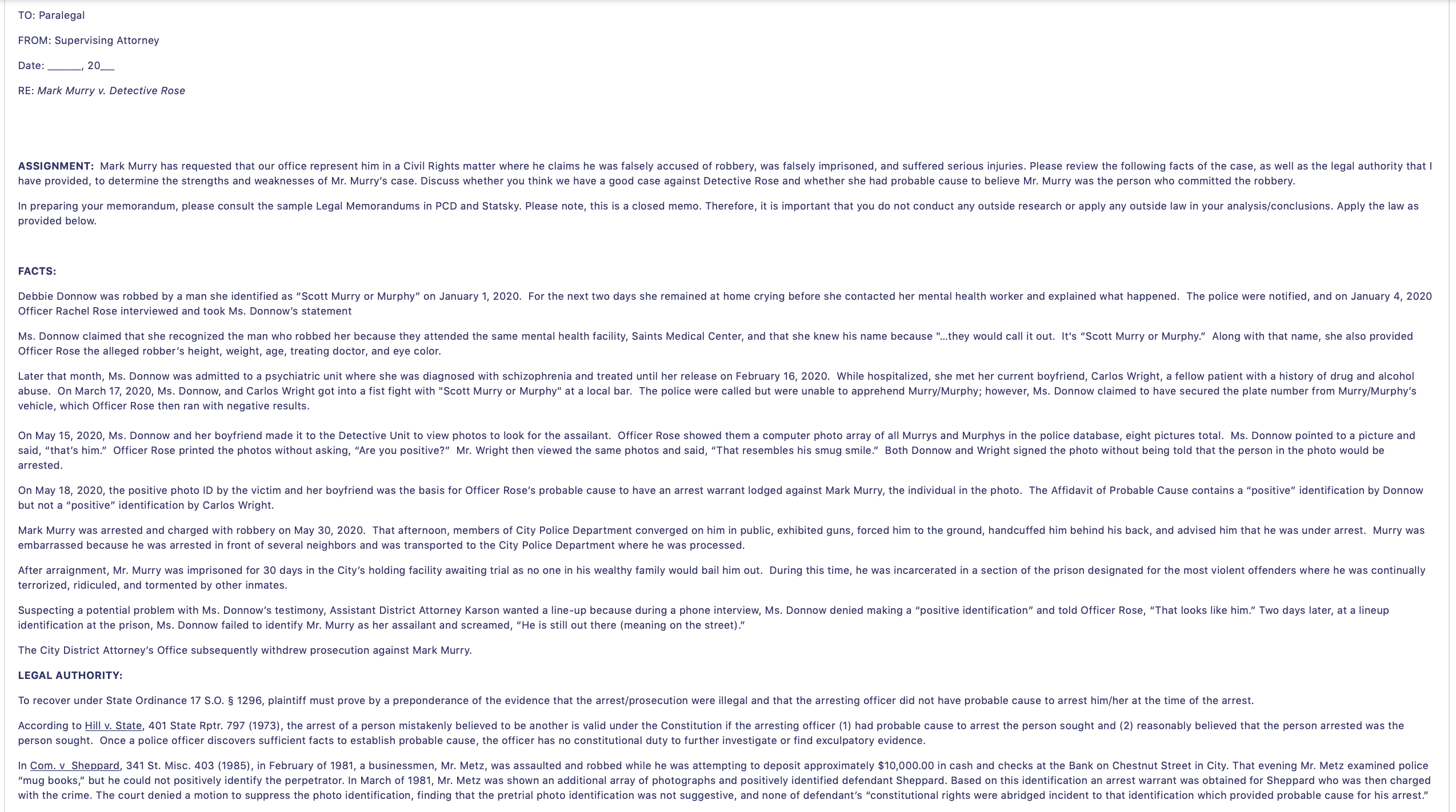 I need help writing a Memorandum, example 2nd picture below To: Paralegal