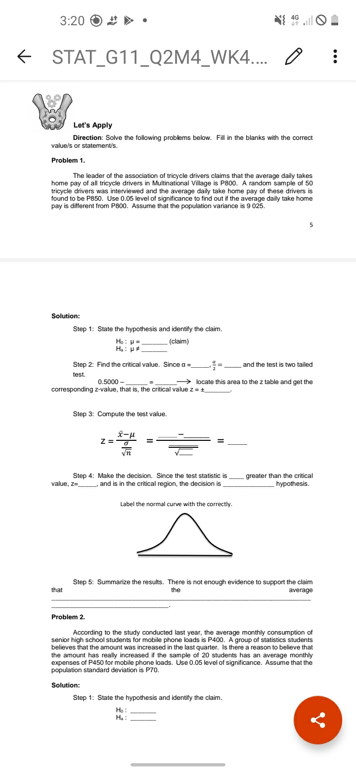 GRADE 11- STATWK4: 3:20 0 #. STAT_G11_Q2M4_WK4.... ... Let's Apply Direction: Solve