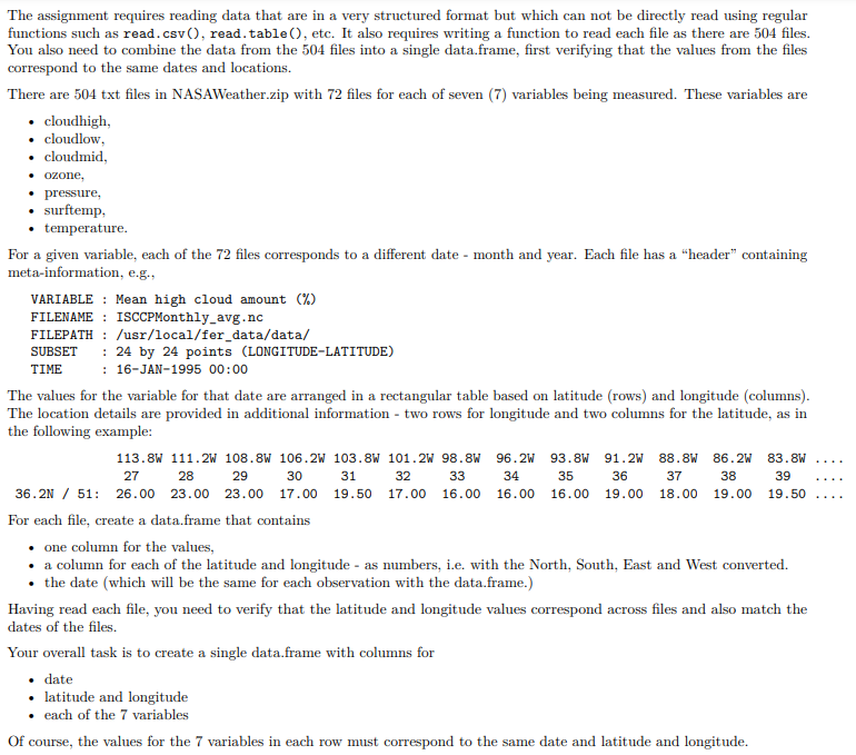 The assignment requires reading data that are in a very structured