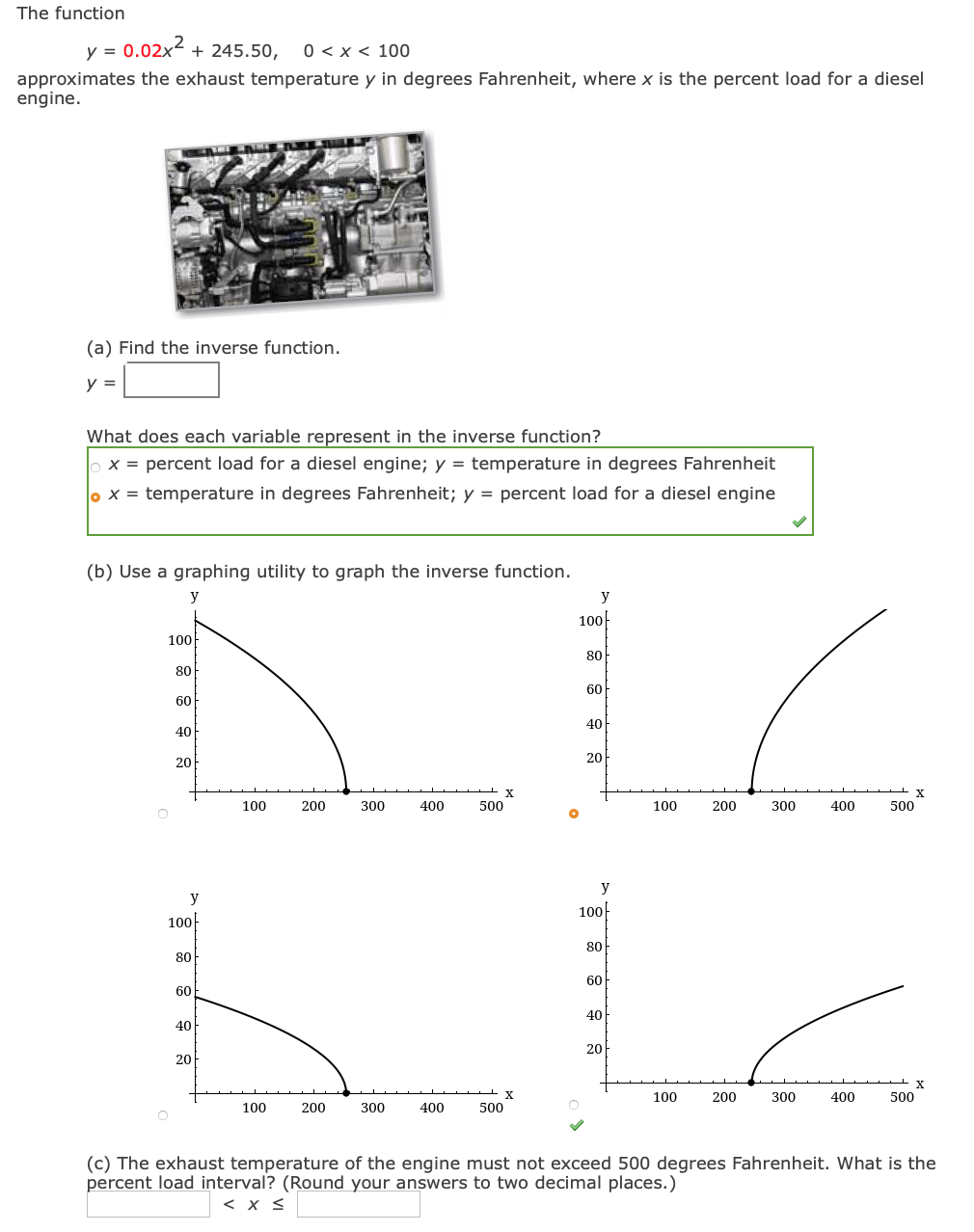 The function 0.02x +245.50, o < x < 100 approximates the exhaust