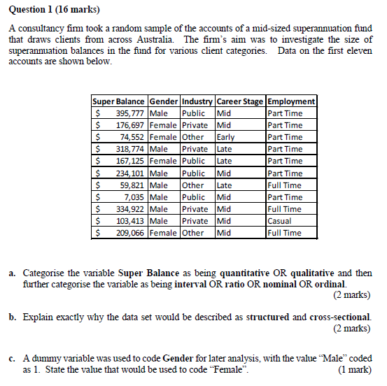  Question 1 (16 marks) A consultancy firm took a random sample