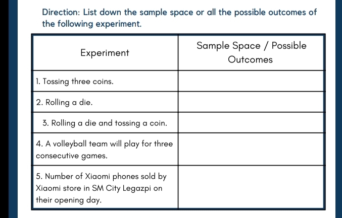 Can you please help me : Direction: List down the sample space