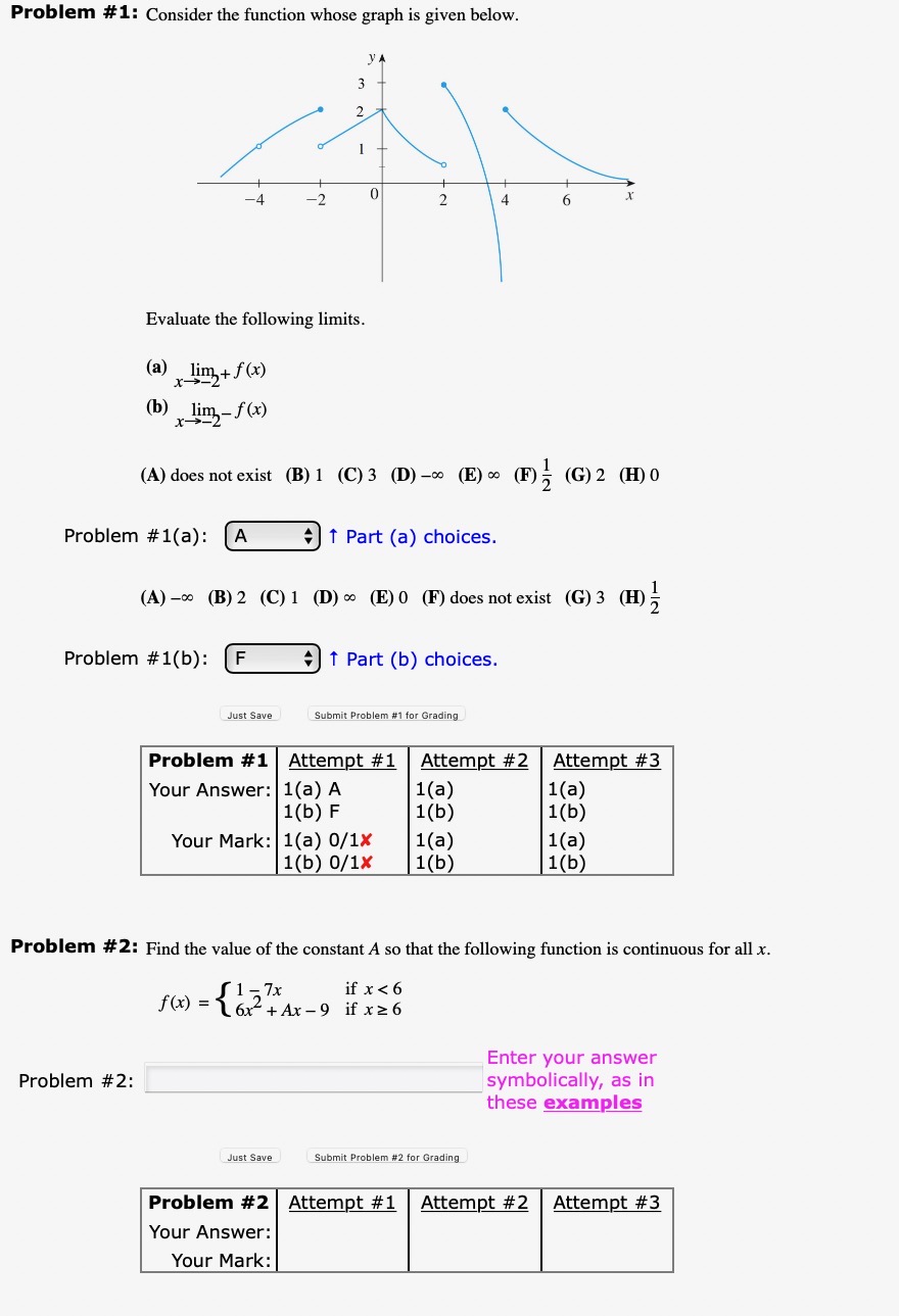  Problem #1: Consider the function whose graph is given below. Evaluate