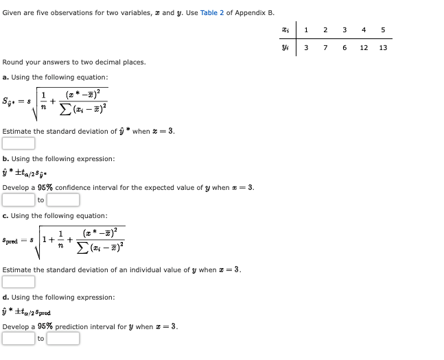 Given are five observations for two variables, a and y. Use
