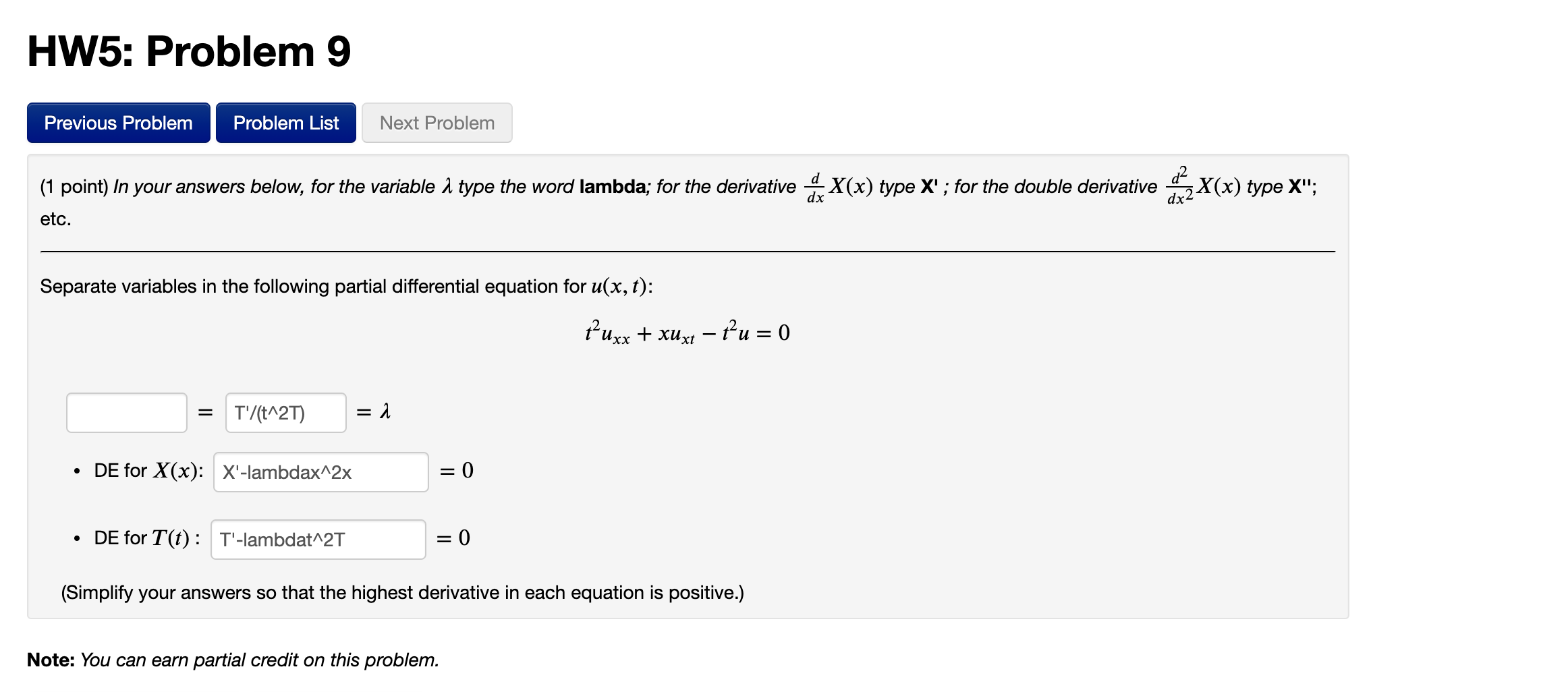 HW5: Problem 9 Previous Problem Problem List Next Problem (1 point)