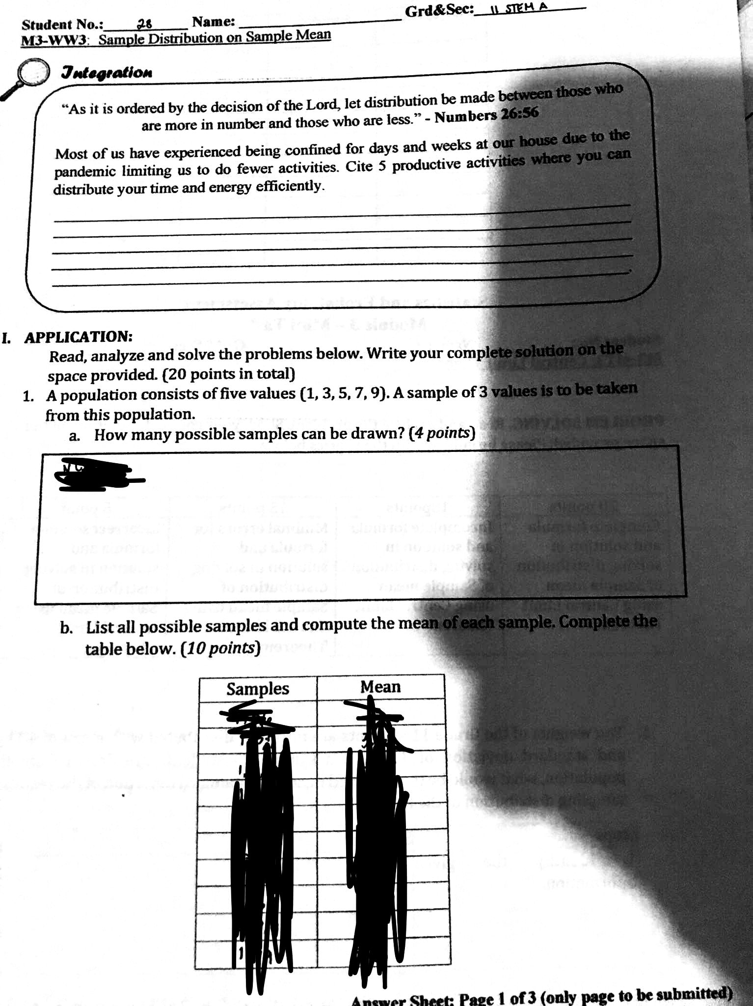  Grd&Sec:_1 STEM A Student No.:_ 28 Name: M3-WW3: Sample Distribution on
