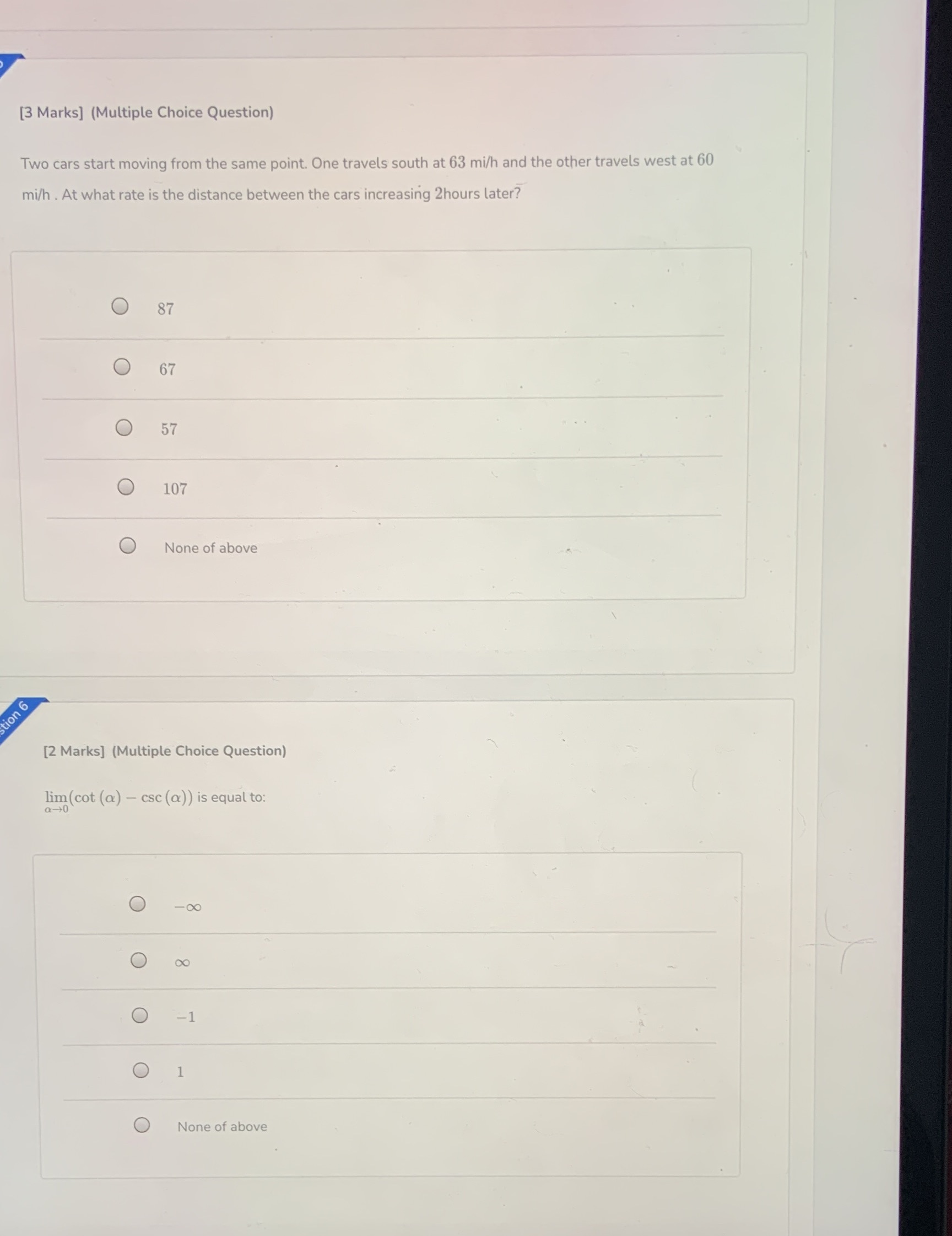  [3 Marks] (Multiple Choice Question) Two cars start moving from the