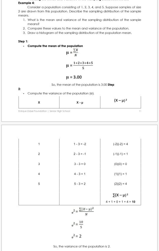  Example 4: Consider a population consisting of 1, 2, 3, 4,