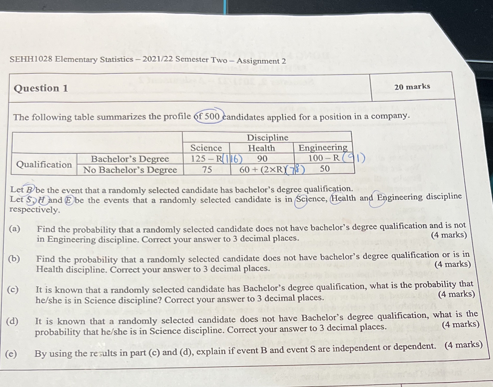  SEHH1028 Elementary Statistics - 2021/22 Semester Two - Assignment 2 Question