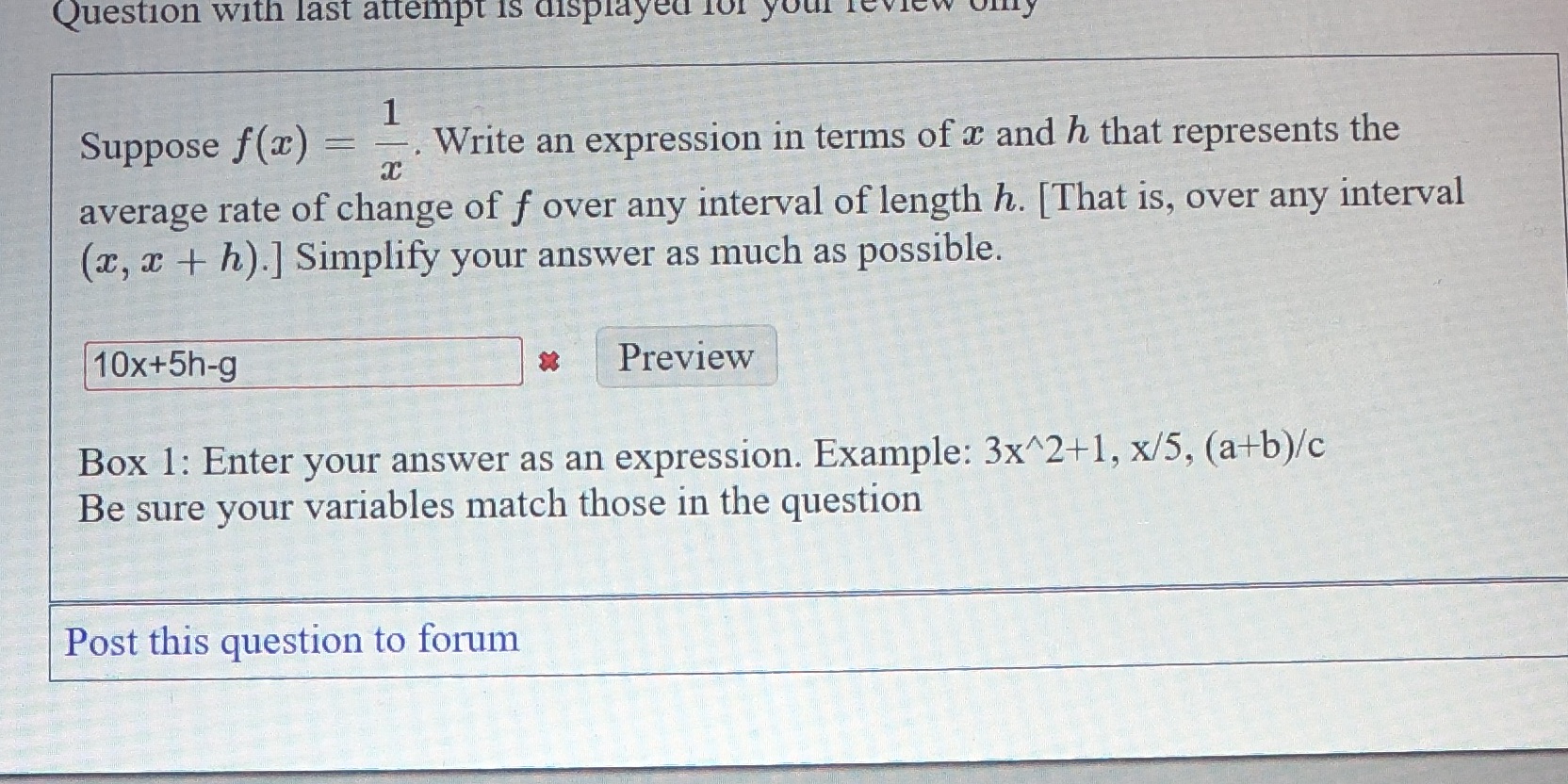 Question with last attempt is displayed for your levi Suppose f(x)