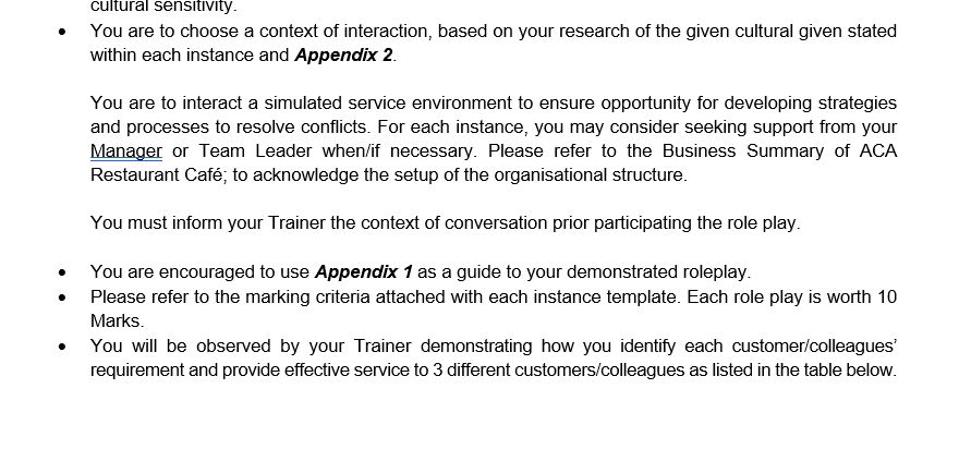 (three) Tasks that caters 3 (three) role plays with given instances. You